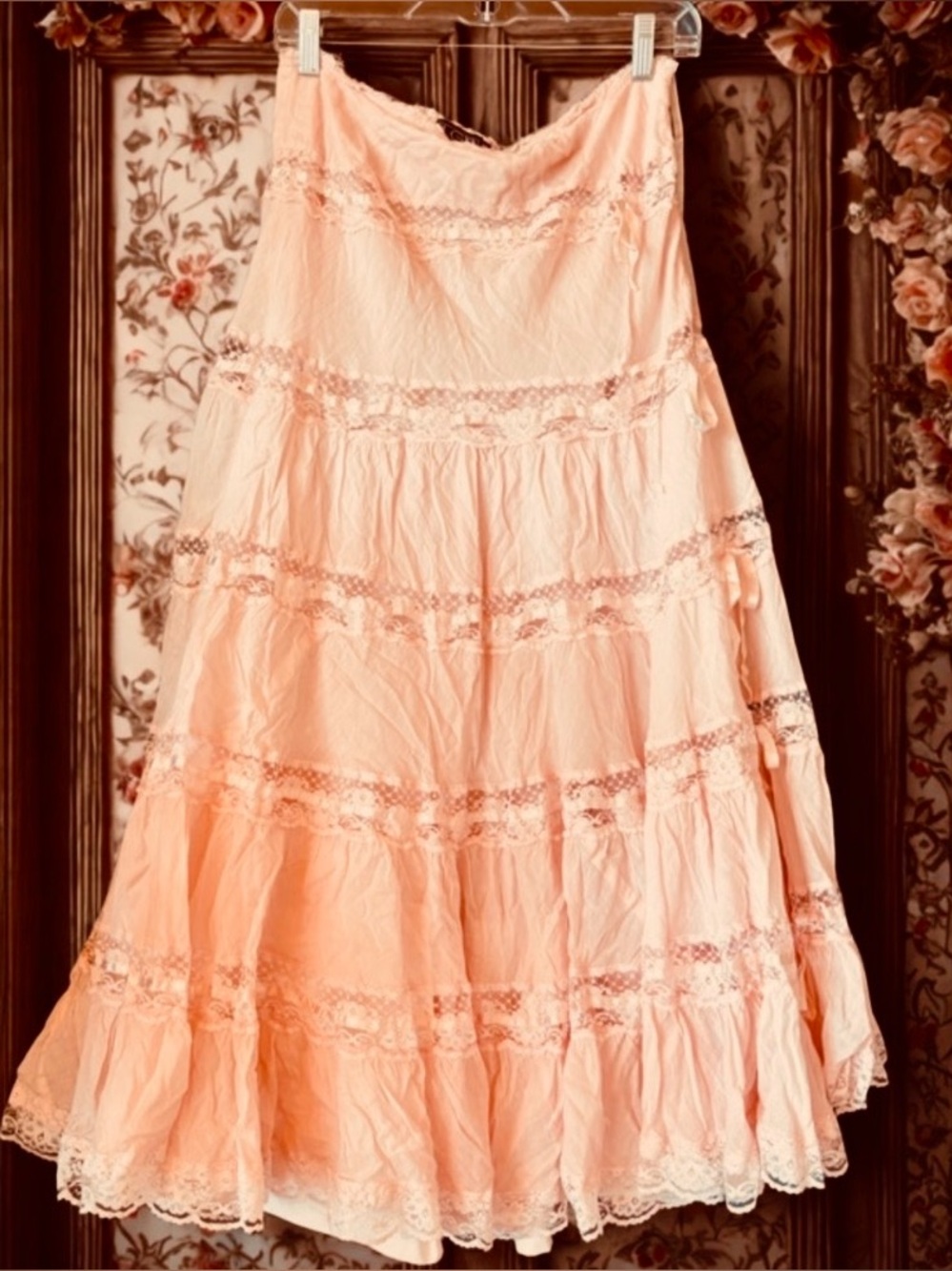 French Pink ruffled cotton shabby chic romantic prairie boho Maxi Skirt 33 LSF - Picture 7 of 7